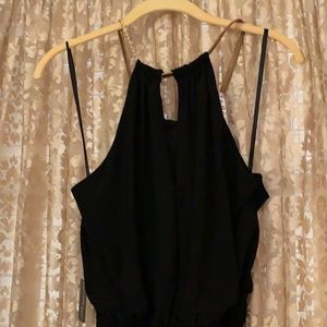 SOHO APPAREL BLACK POLY ROMPER/GOLD TONE METAL NECK CHAIN NWTS (no SZ tag) BELT